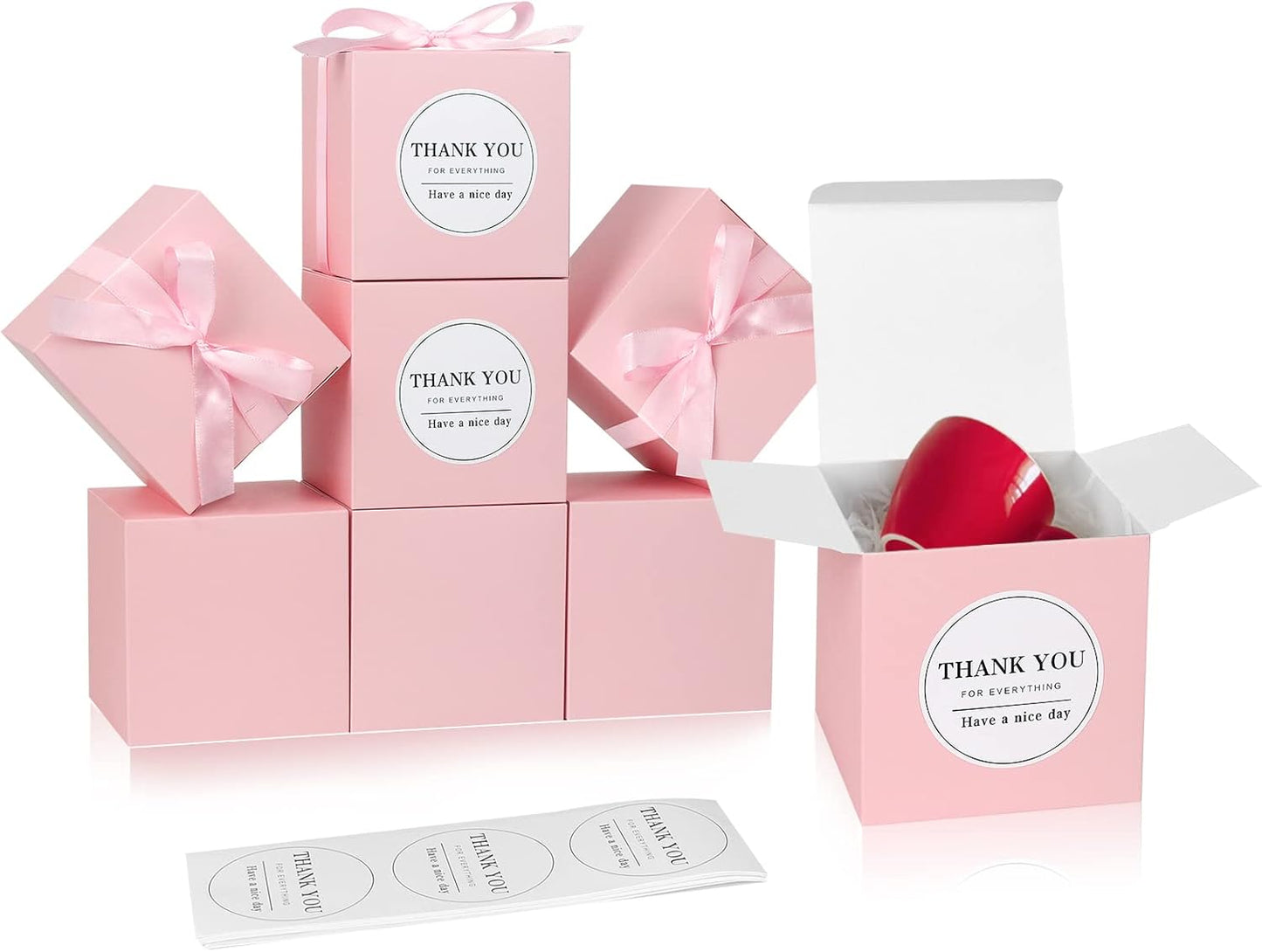 COTOPHER Small Gift Boxes 60 Pack 4x4x4 inches Pink Gift Boxes with Lids for Gifts, Crafting, Wedding Party Favor, Cupcake Boxes, Candy, Bridesmaids Proposal Box with Ribbons and Stickers (Pink, 60