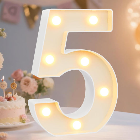Pooqla Decorative LED Light Up Number Letters, White Plastic Marquee Lights Sign Party Wedding Decor, Battery Operated (5)