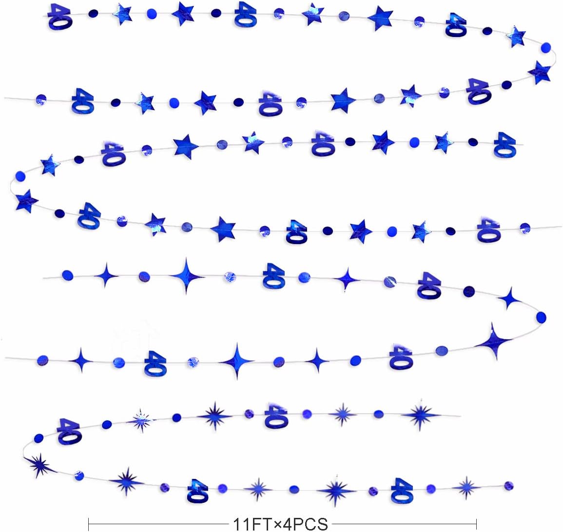 Navy Blue 40th Birthday Decorations Number 40 Circle Dot Twinkle Star Garland Metallic Hanging Streamer Bunting Banner Backdrop for Women 40 Year Old Birthday Forty Anniversary Party Supplies