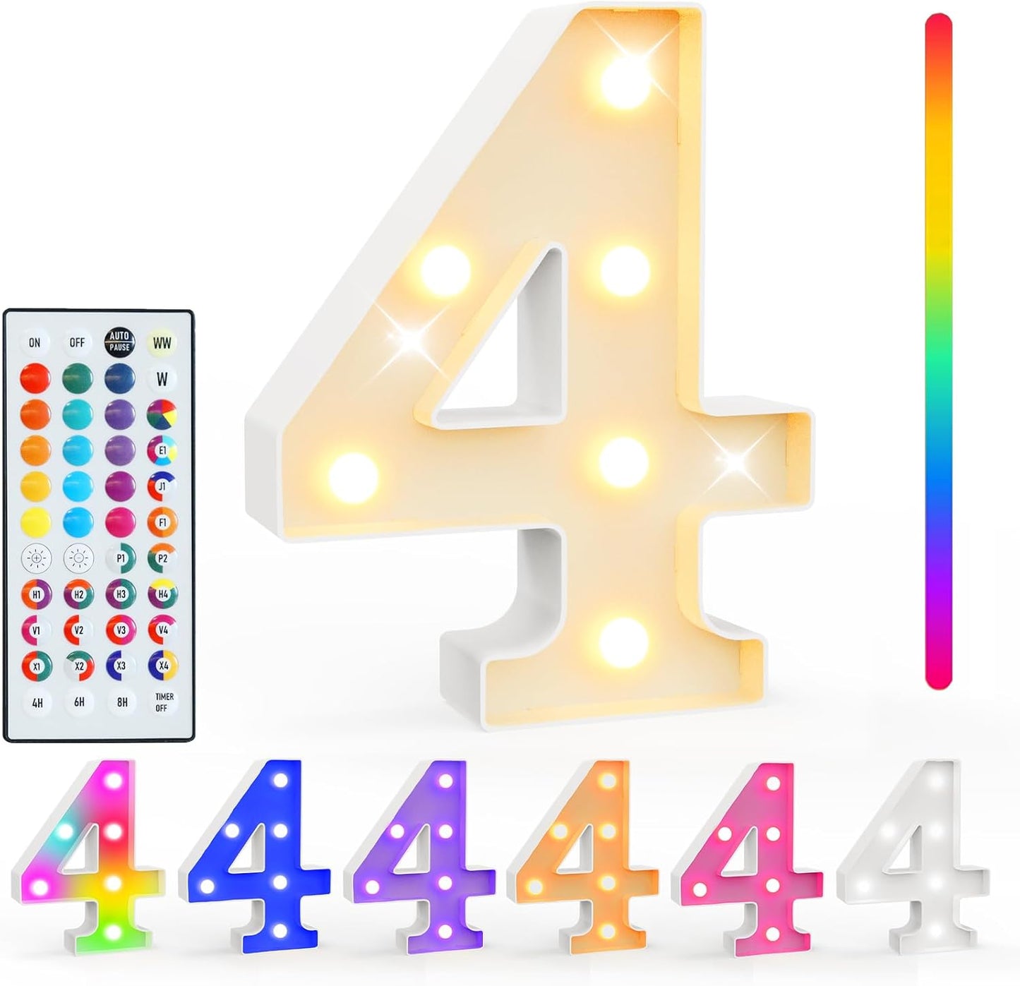 Pooqla Colorful Light Up Numbers, 35 Colors LED Marquee Number Lights for 4th Birthday Decorations with Remote, RGB Lighted Numbers for Party, Wedding, Bar, Night Light, Home Decor, Number 4