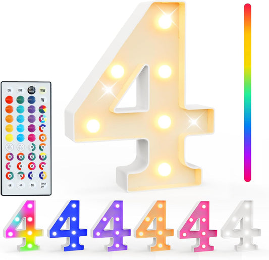 Pooqla Colorful Light Up Numbers, 35 Colors LED Marquee Number Lights for 4th Birthday Decorations with Remote, RGB Lighted Numbers for Party, Wedding, Bar, Night Light, Home Decor, Number 4