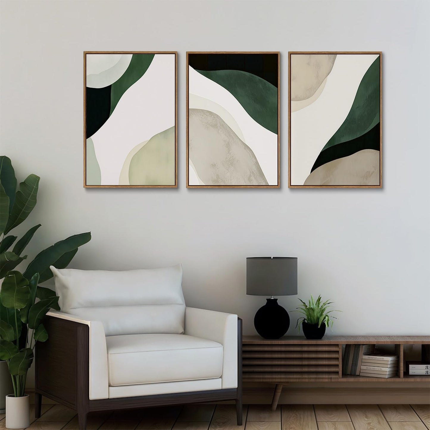 myusuar 3 Piece Large Modern Abstract Canvas Framed Wall Art For Living Room, Green Black White Minimalist Wall Art Decor Posters Prints For Bedroom Office 16x24in