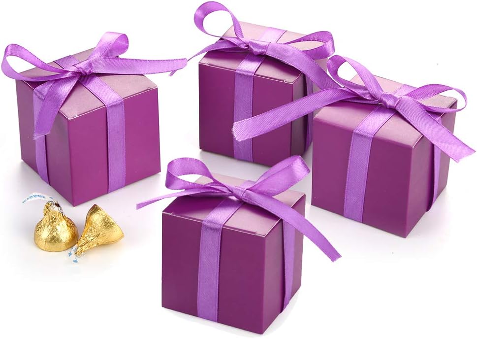 AWELL Purple Gift Candy Box Bulk 2x2x2 inches with Purple Ribbon Party Favor Box,Pack of 50