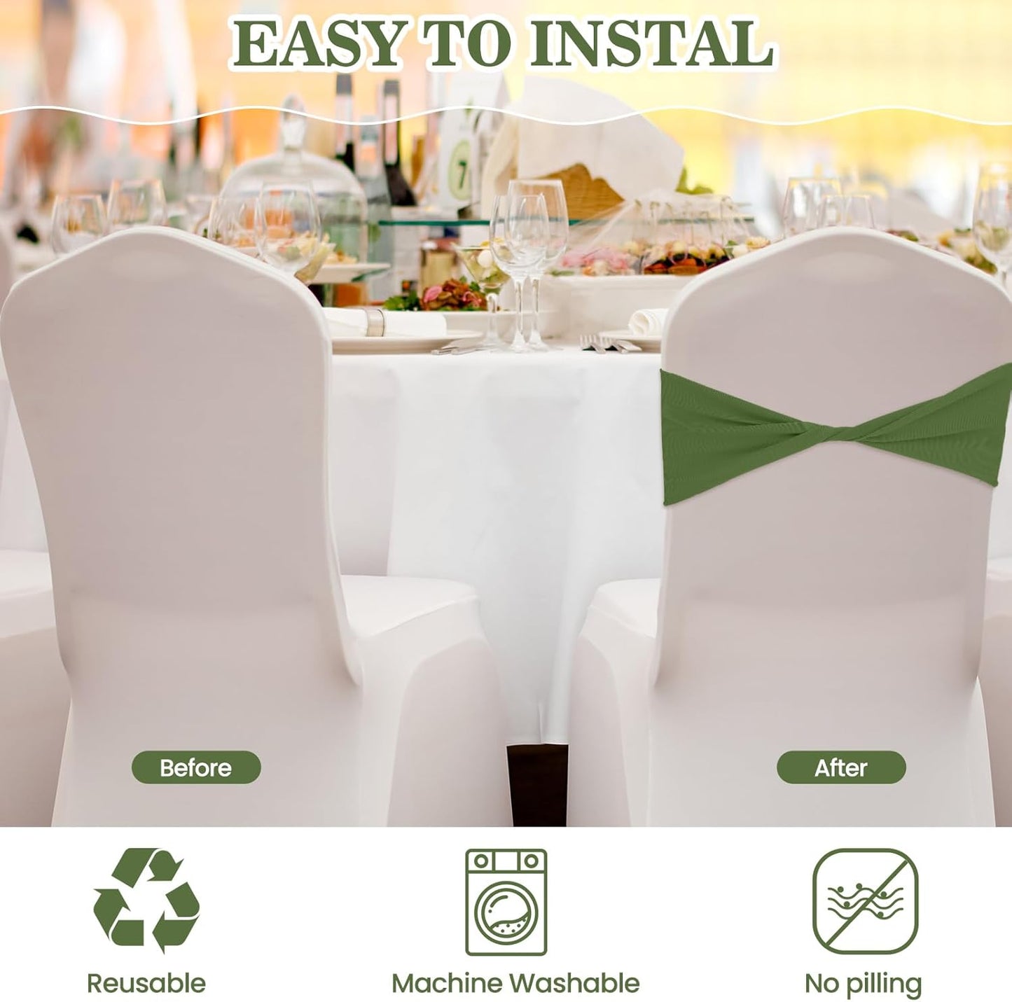 Kinlop 50 Pcs Spandex Chair Sashes Bows Chair Bands Slider Sashes for Covers Elastic Bands Ties Without Buckle Decorations for Wedding Party Events Ceremony Birthday (Moss Green)