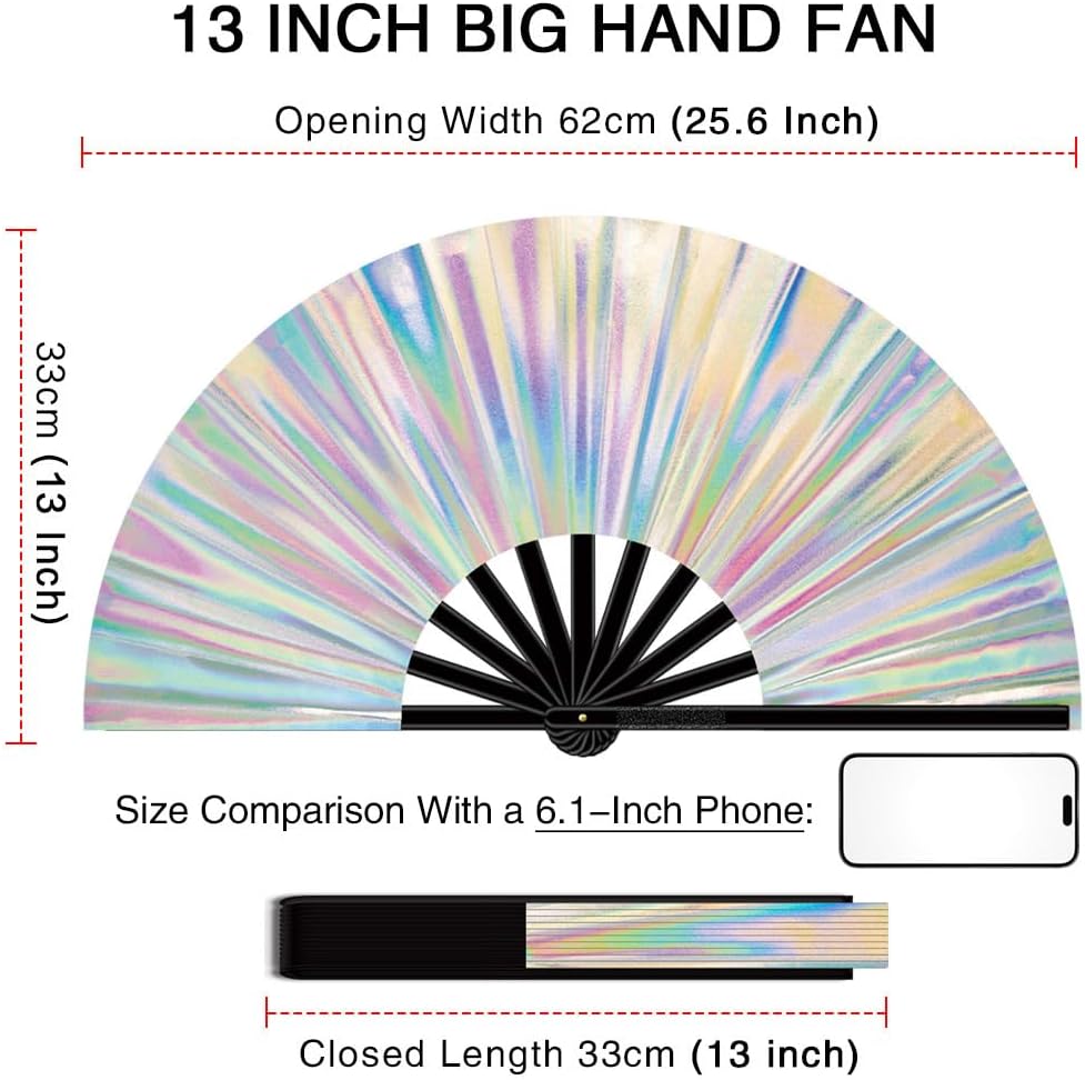 13" Large Folding Rave Fan with Holster, Clack Hand Fans Foldable for Line Dancing, Boots On The Ground Fan for Women Men Festival EDM Party Decoration, Holographic White