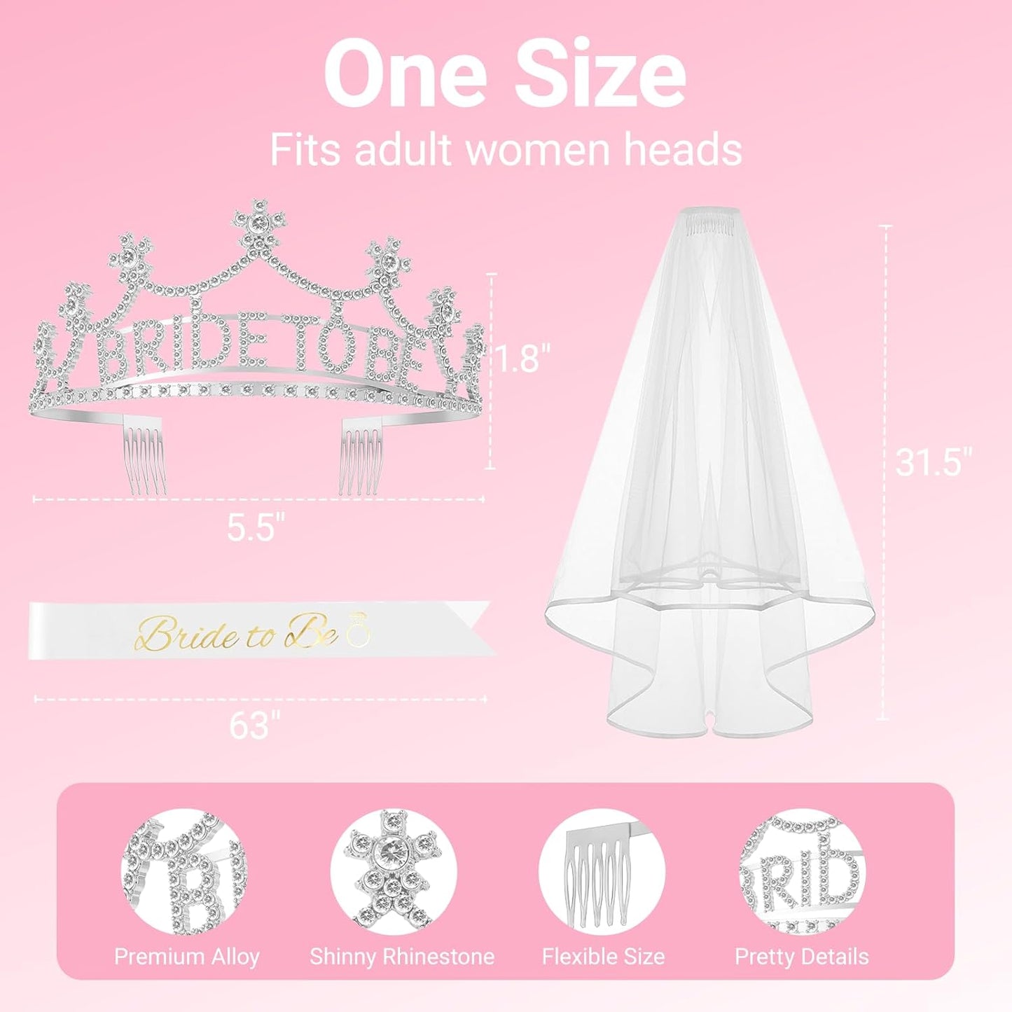 3Pcs Bride to Be Crown with Sash and Veil for Bachelorette Party Decorations，Bridal Shower Accessories for Gift, Favors