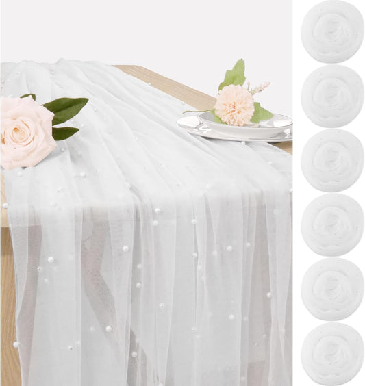 Set of 6 Pearl Table Runner 29 x 120 Inch White Tulle Fabric Lace Table Runners Boho Rustic Table Runners for Bridal Shower Birthday Party Wedding Arch Aisle Veil Dessert Table Decor(White)