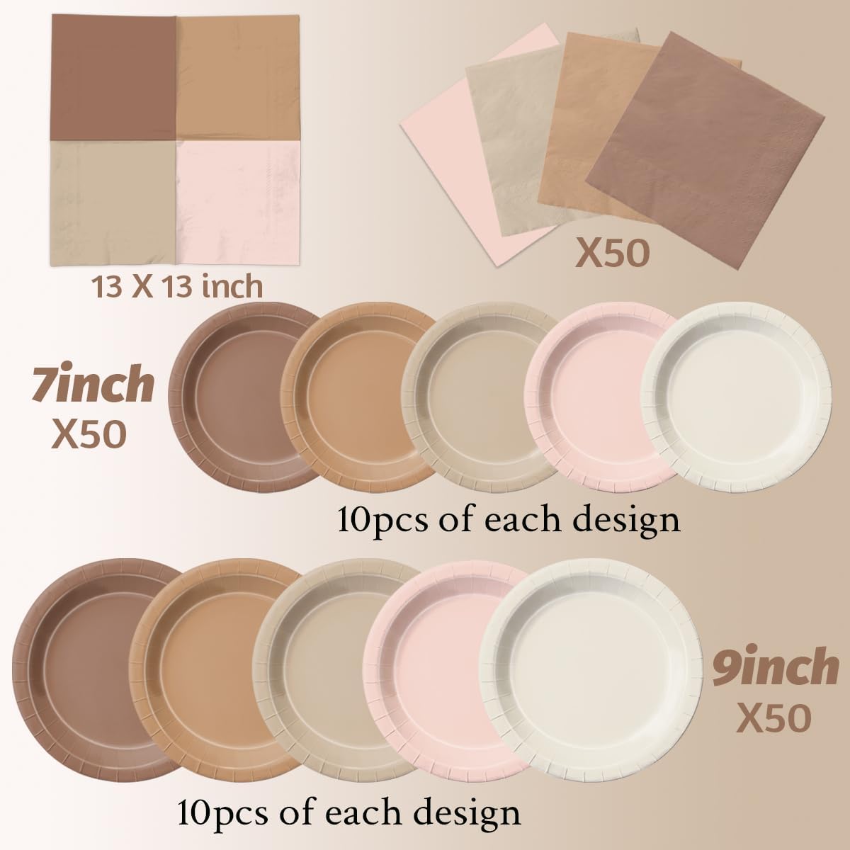 CMUSKO Boho Baby Shower Decorations-150Pcs Gradient Brown Plates and Napkins Kit Serves 50,Neutral Boho Party Supplies for Bridal Shower,Wedding, Birthday
