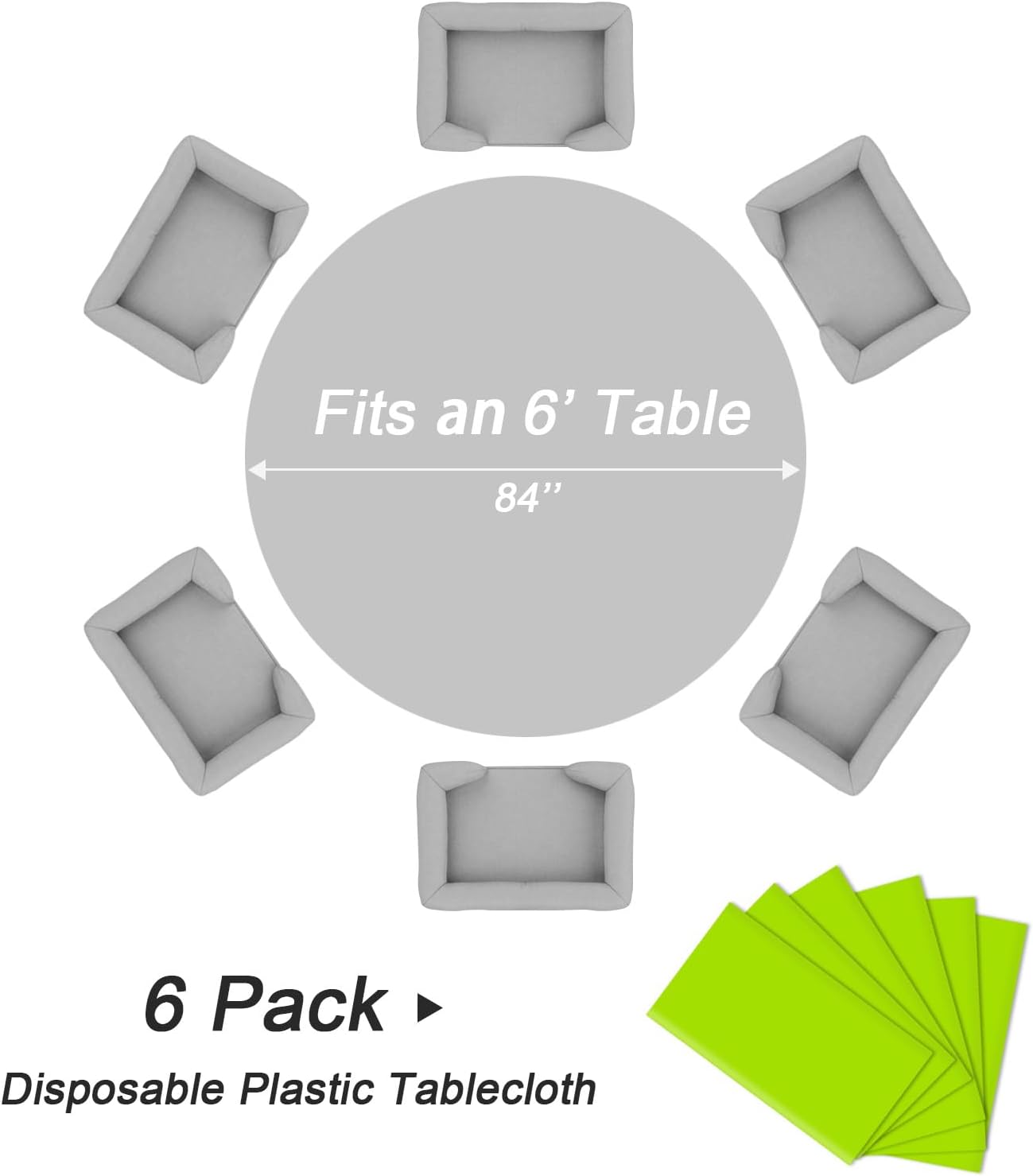 QIKSION Lime Green Round Tablecloth 6 Pack, 84 Inch Plastic Table Cover Disposable for Parties