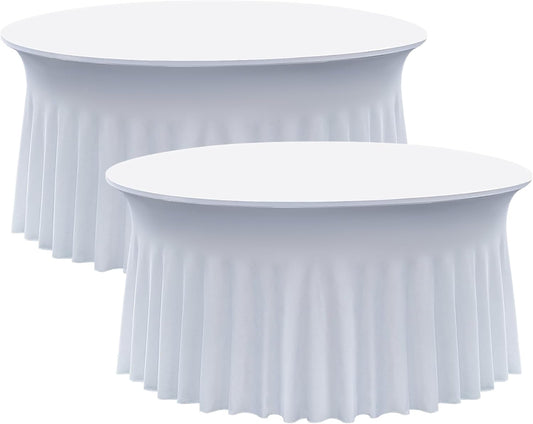 2 pk White Round Spandex Tablecloth for 60in Tables, Wrinkle Free Stretchy 120inch Fitted 5FT Table Cloths Round Table Covers with Skirt for Wedding Party Dining Banquet Events