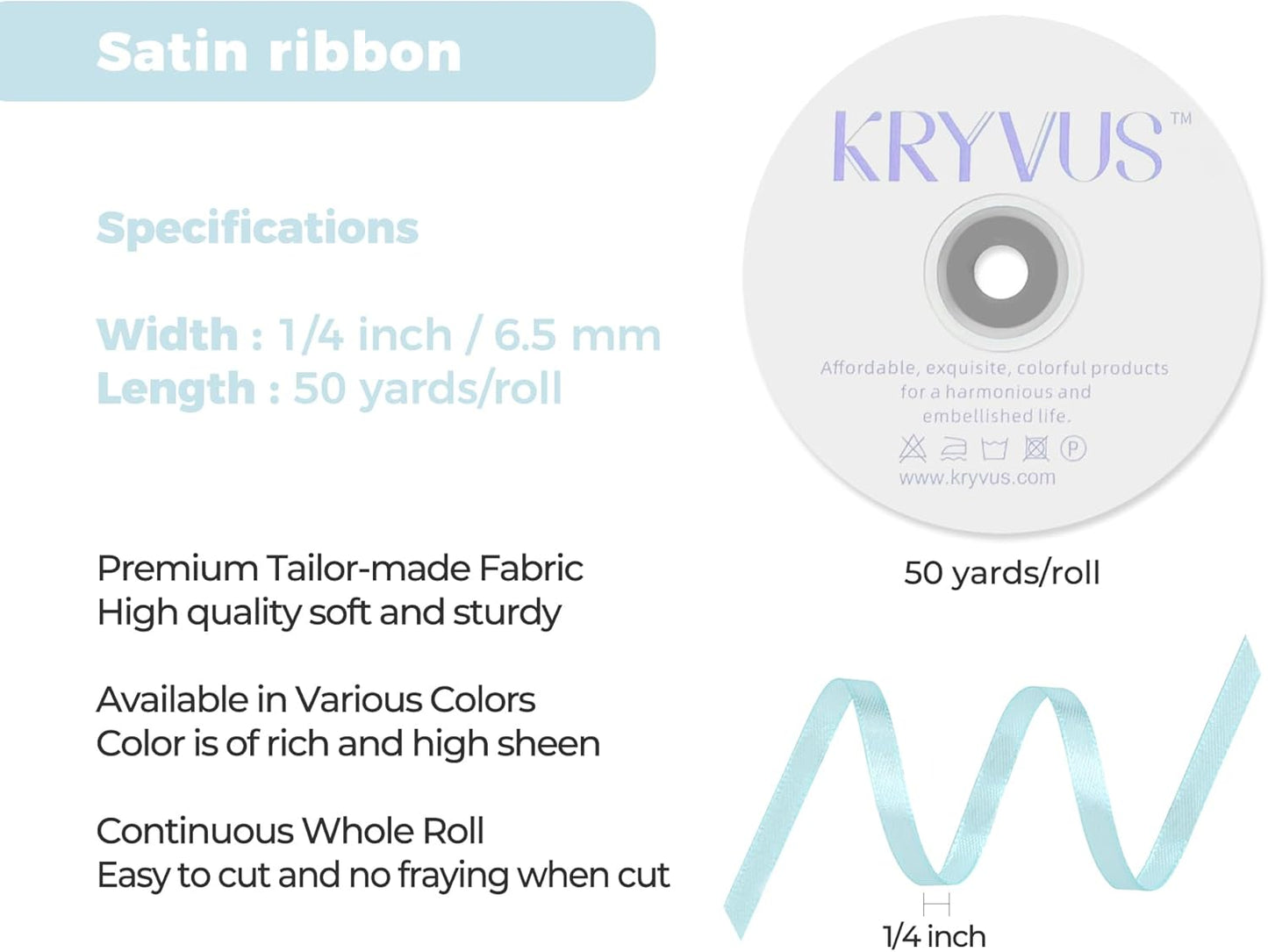 Light Blue Satin Ribbon 1/4 inch X Continuous 50 Yards, Single Face Polyester Ribbon Perfect for Gift Wrapping, Flower Bouquet, Wedding Decor, Crafts, Bow Making, Sewing and More