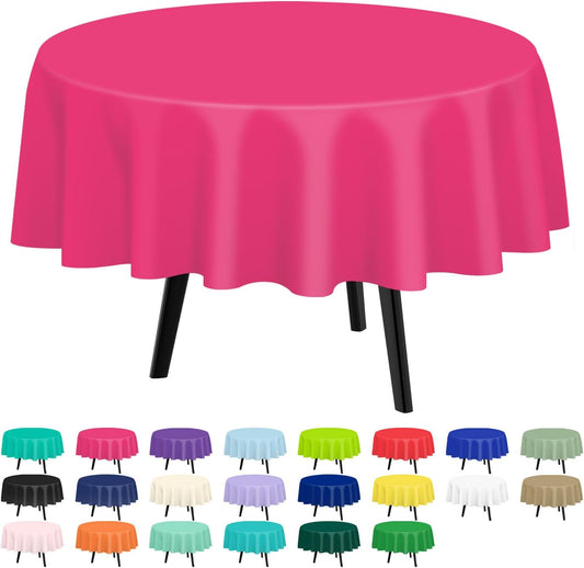 QIKSION Hot Pink Round Tablecloth 12 Pack, 84 Inch Plastic Table Cover Disposable for Parties