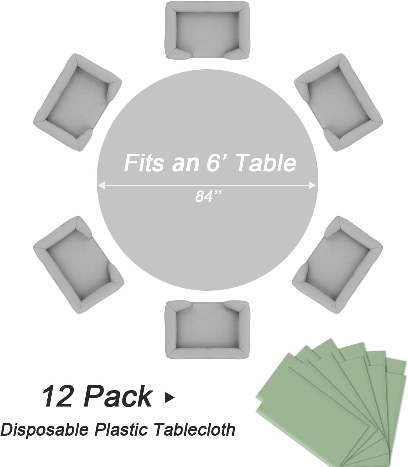 QIKSION Sage Green Round Tablecloth 12 Pack, 84 Inch Plastic Table Cover Disposable for Parties