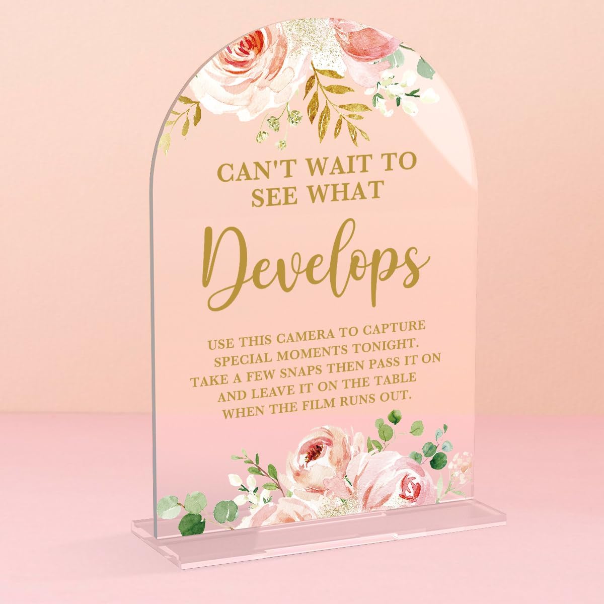 Acrylic Wedding Signs, Bridal Shower Decorations, Modern Calligraphy Arch Acrylic Table Top Sign for Wedding Reception and Engagement Parties - Can't Wait to See What Develops (Clear Pink Flowers)
