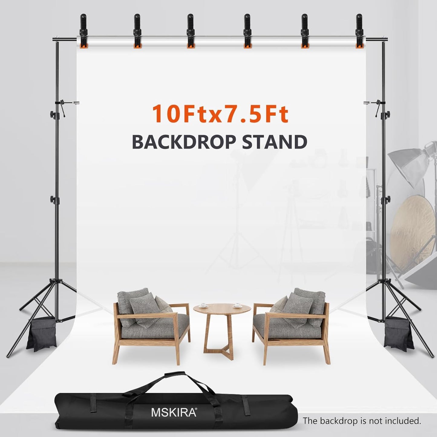 Backdrop Stands, MSKIRA Photo Backdrop Stand Kit 10ft X 7.5ft, Back Drop Adjustable Stand, Background Support System for Studio Portrait Photoshoot, Wedding Parties, with Clamps, Sandbags, Carry Bag
