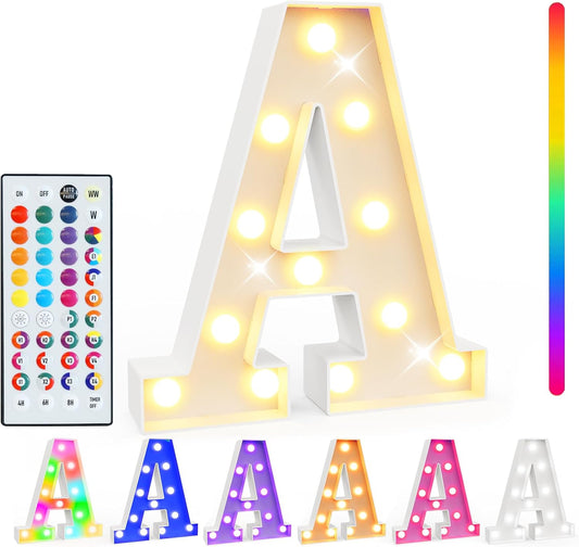 Pooqla Colorful Light Up Letters with Remote, Upgraded 35 Colors LED Marquee Letters, RGB Lighted Letter for Girls Teenager Gift, Birthday, Party, Wedding, Night Light, Room, Bedroom Decor, Letter A