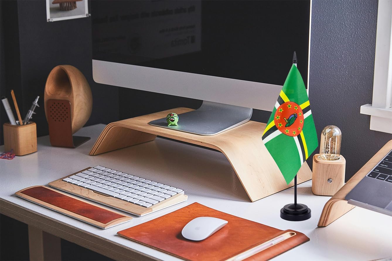WXTWK 2 Pack Dominica Flag Dominica Deluxe Desk Flag Set - Mini Small Dominica Table Office Flags with Black 12" Solid Pole Stand Base Classroom Meeting Desktop Decorations