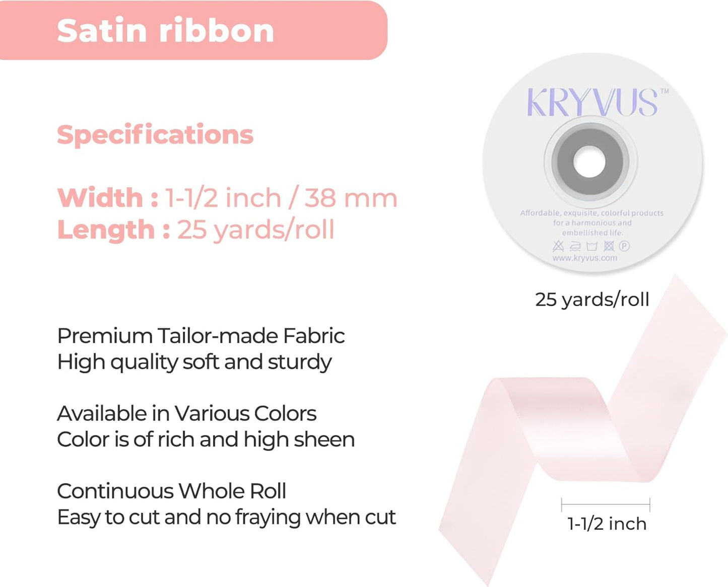 Baby Pink Satin Ribbon 1-1/2 inch X Continuous 25 Yards, Single Face Polyester Ribbon Perfect for Gift Wrapping, Flower Bouquet, Wedding Decor, Crafts, Bow Making, Sewing and More