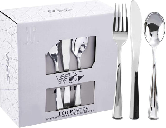 WDF 180 Pieces Silver Plastic Silverware - Silver Plastic Cutlery - Fancy Plastic Silverware Heavy Duty - 60 Forks 60 Knives 60 Spoons - Disposable Plastic Utensils Perfect for Party/Wedding/Christmas