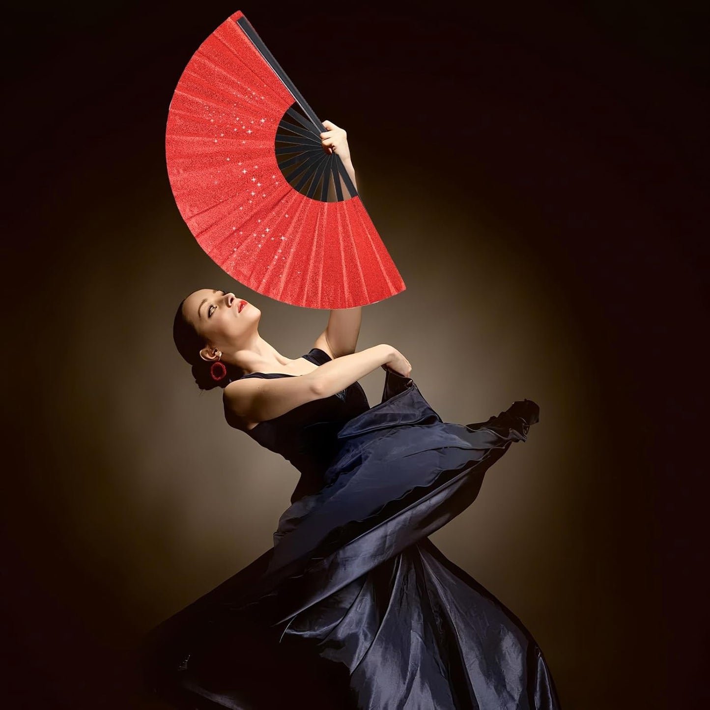 Glitter bling Large Folding Fan-Hand Fan Rave Clack Popping Fan for Line Dancing Clacking Fans for Boots On The Ground Dance, Party for EDM, Music Festival, Hot Flashes, Party, Decoration(2pcs red)