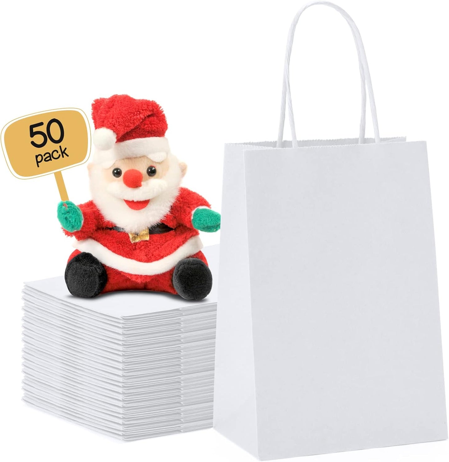 METRONIC Paper Gift Bags 5.25x3.75x8 50Pcs, White Paper Bags with Handles, Kraft Paper Bags for Small Business, Heavy Duty Bulk Paper Bags for Birthday Party Favors, Shopping, Retail, Merchandise