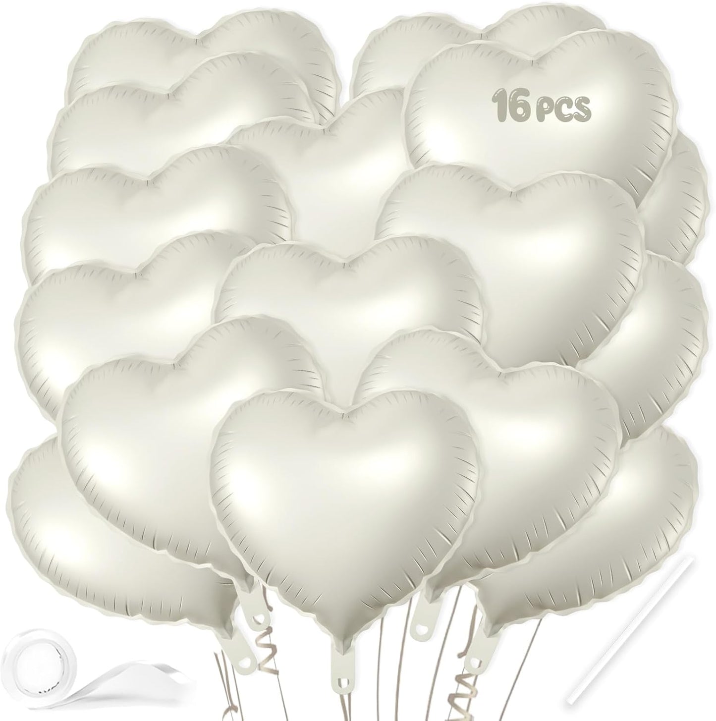 16 Pcs Heart Balloons, 18 White Sand Inch Love Heart Shaped Foil Balloons for Wedding Anniversary Birthday Party Valentine Decorations Baby Shower Bridal Shower Engagement Decorations Supplies