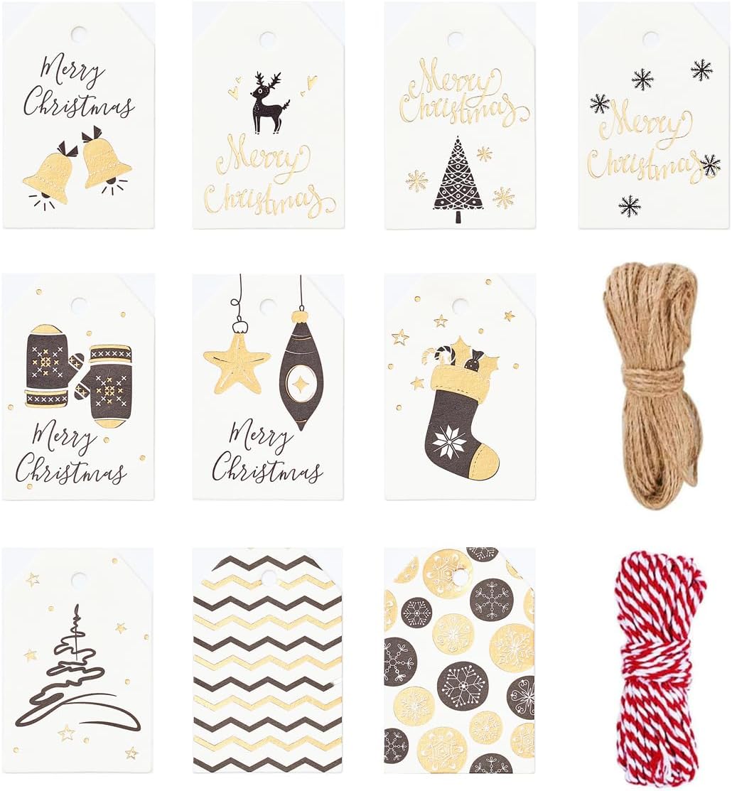 100 Pack Fashion Christmas Gift Tags， Xmas Fashion Gift Tags with Jute Twine Baker Twine for DIY Xmas Holiday Present Wrap Stamp and Label Package Name Card