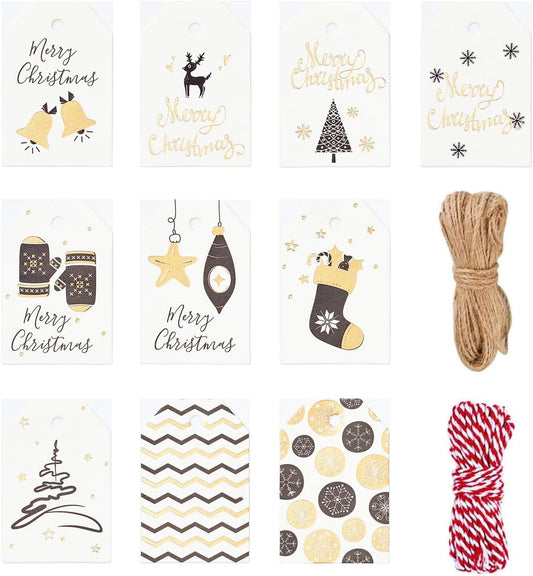 100 Pack Fashion Christmas Gift Tags， Xmas Fashion Gift Tags with Jute Twine Baker Twine for DIY Xmas Holiday Present Wrap Stamp and Label Package Name Card