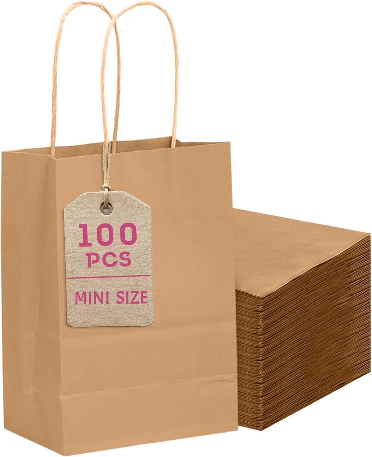 Bakepacker 100 Pcs Brown Mini Paper Gift Bags with Handles 6"x4.5"x2.5" Kraft Party Favor Bags Multiple Uses (Mini size)