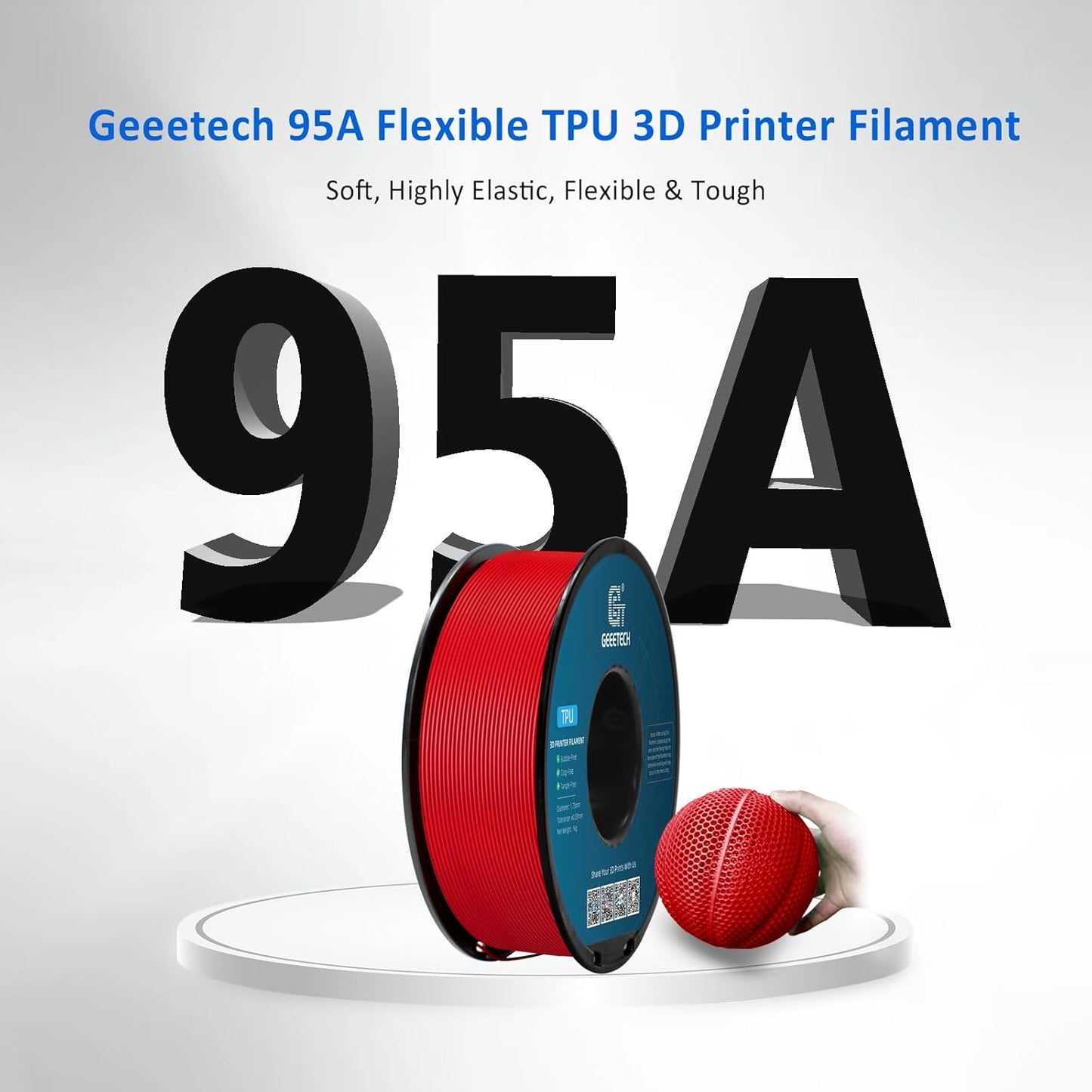 Geeetech TPU Filament 1.75mm, 95A Flexible 3D Printer Filament with High Elasticity, 1KG (2.2lbs) Spool, Dimensional Accuracy ±0.03mm, Fits Most FDM Printers, Red