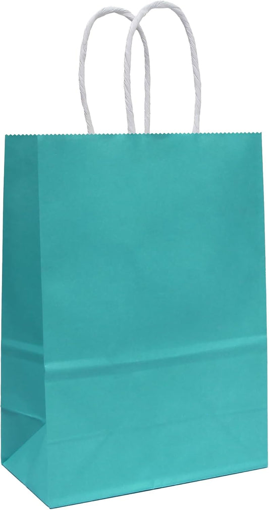 25 PCS Small Gift Bags Teal Blue Kraft Paper Bags Turquoise Gift Bags with Handles for Party Favors (8.2 x 6 x 3.1 In)