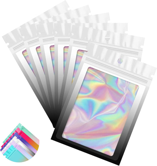 Funfery 100 Pack Gradient Holographic Bags,Mylar Resealable Bags with Zipper,Clear Window Packaging Pouch,Smell Proof Bag for Food Storage,Sample Jewelry Baggies(2.7×3.9in,White Black)