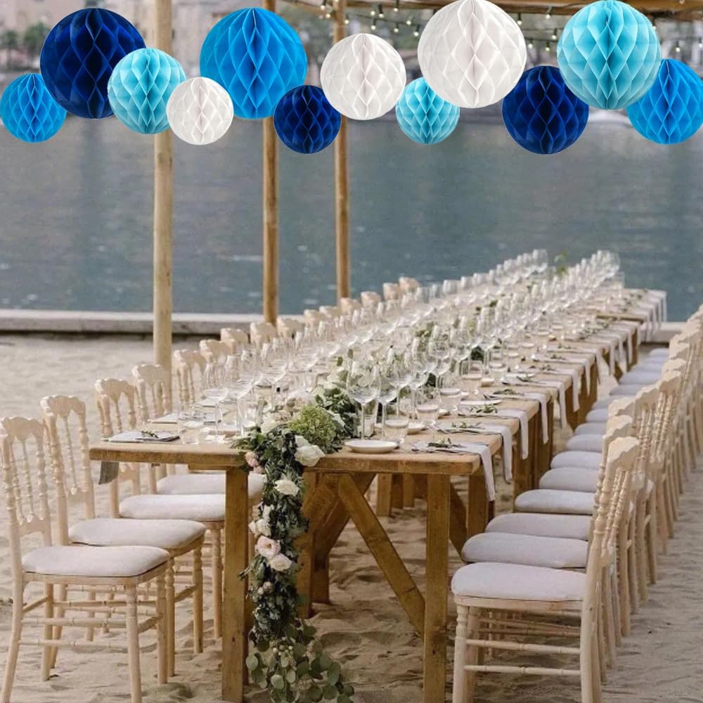 Aiminjey 12Pcs White Blue Paper Honeycomb Flower Balls 6'' 8'' 10'' Decorative Tissue Honeycomb Balls Paper Pom Poms Hanging Flower Balls Craft Kit for Wedding Nursery Room Home Party Décor