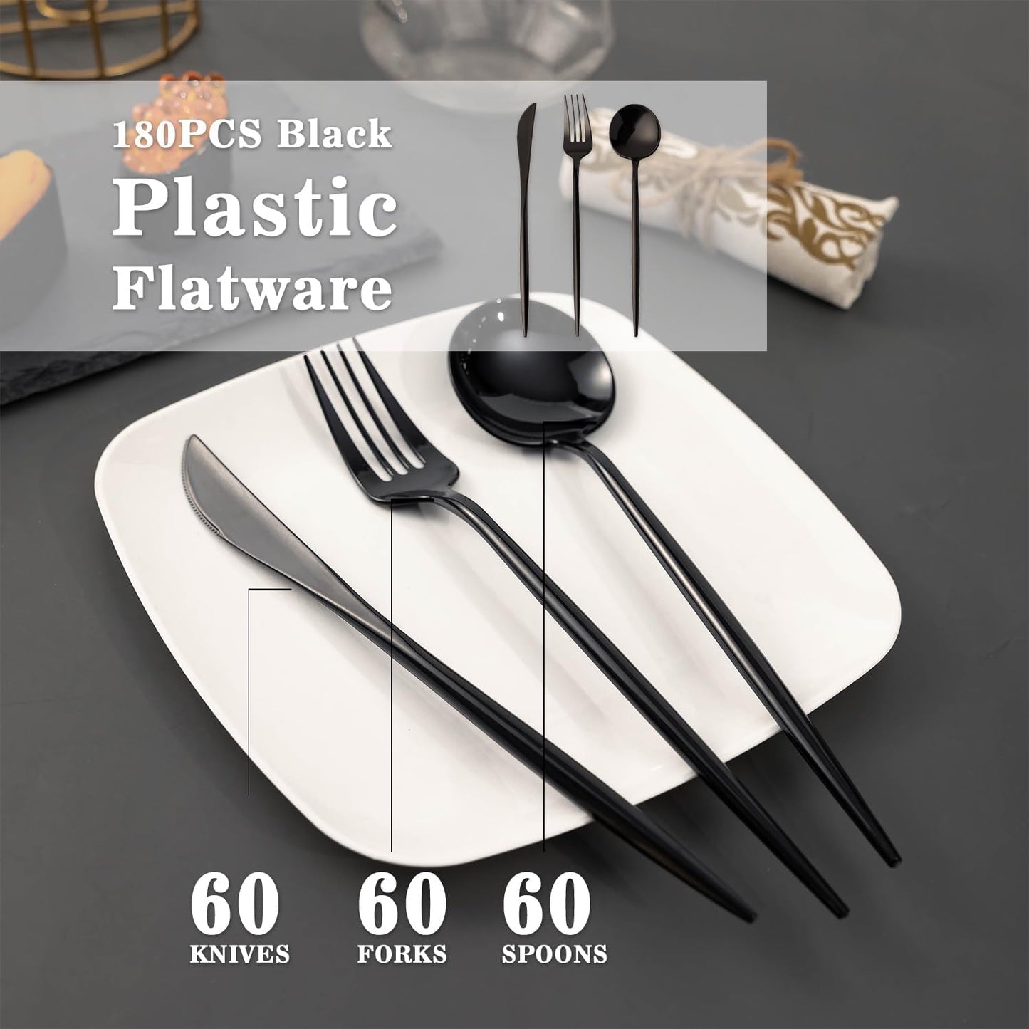 180PCS Black Plastic Silverware,Heavy Duty Disposable Utensils Include 60 Forks,60 Spoons and 60 Knives,Black Cutlery Plastic Silverware Sets for Party, Birthday,Wedding