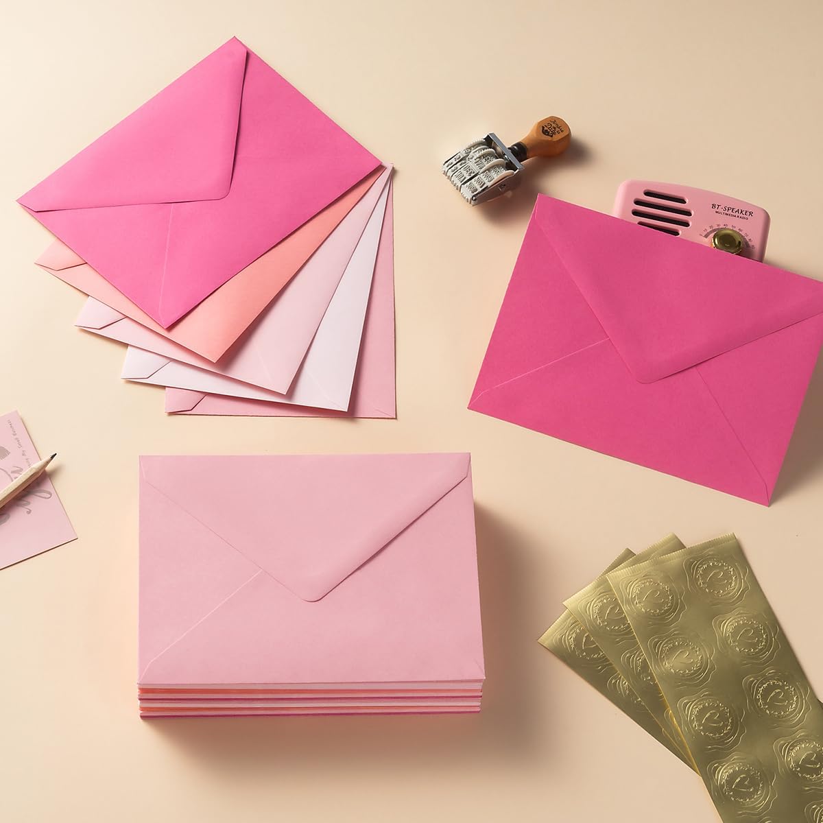 50 Pack Colored A7 Invitation Envelopes 5x7 with Gold Stickers for Cards and Invitations, 5 Colors (Pink, 5 1/4 x 7 1/4 inches)