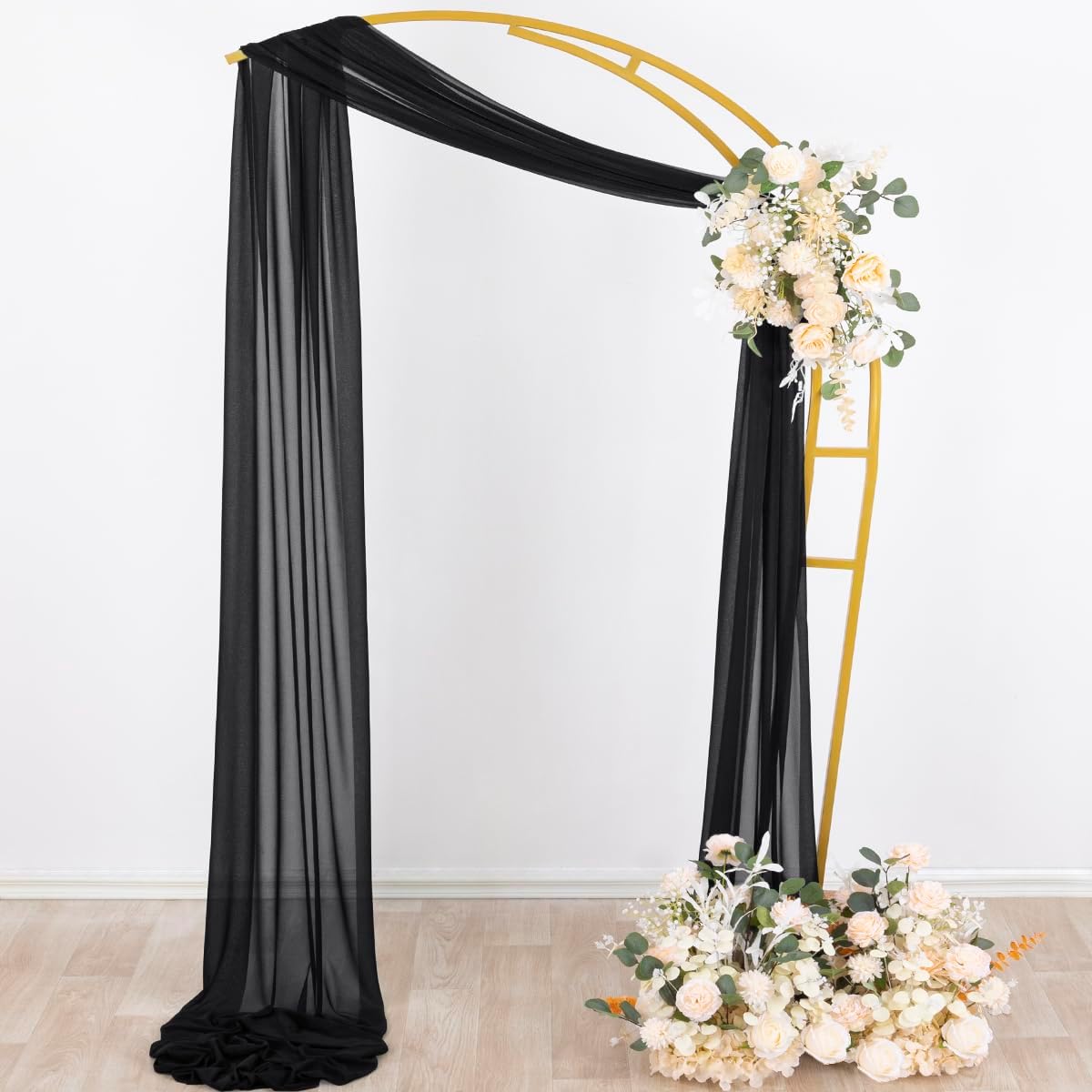 Socomi Black Sheer Gothic Wedding Draping Fabric 29" x 20Ft 4 Panel Outdoor Curtain Arch Drapes Extra Long for Bridal Baby Shower Ceremony Birthday Party Decor