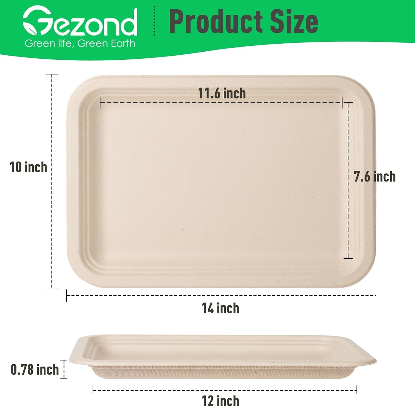 Gezond 100 Pack 14 Inch Disposable Food Trays Eco-Friendly Heavy-Duty Large Paper Plates Compostable Sugarcane Platters for Crawfish, BBQ, Seafood Boil Party Supplies Natural