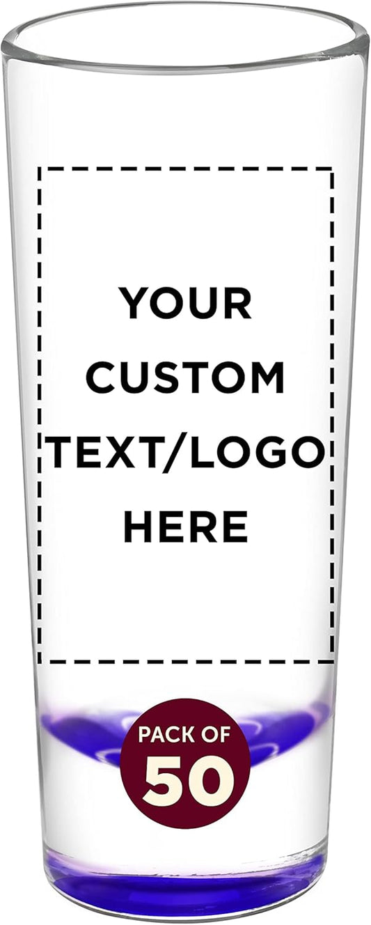 Custom Cordial Shooter Shot Glasses 2 oz. Set of 50, Personalized Bulk Pack - Great for Birthdays, Parties, Indoor & Outdoor Events - Purple