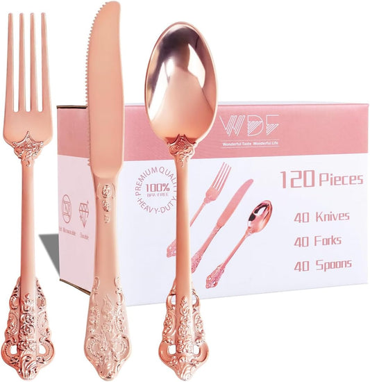 WDF 120Pieces Rose Gold Plastic Silverware - Heavy Duty Rose Gold Plastic Cutlery Set - Disposable Rose Gold Utensils - Rose Gold Flatware Includes 40 Forks, 40 Spoons, 40 Knives for Wedding