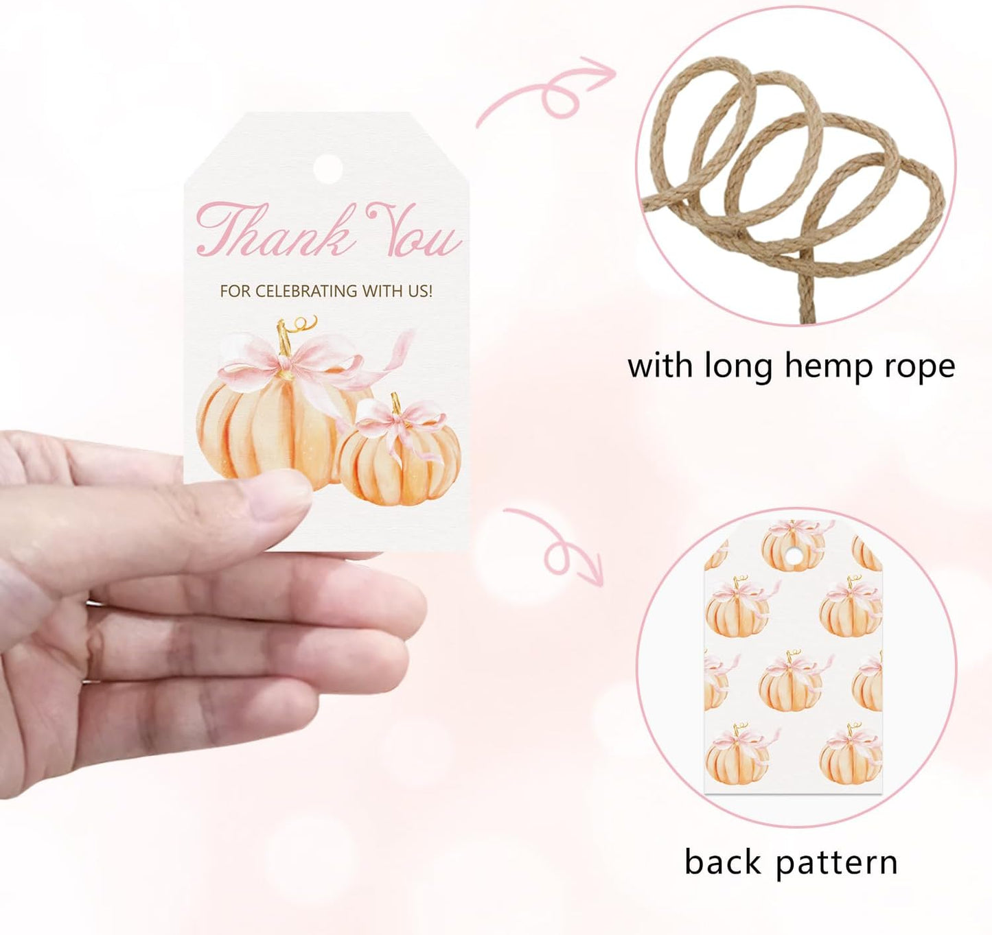 50pcs Little Pumpkin Thank You Tags, Pink Bow Fall Theme Favor Tags for Girl Coquette Baby Shower and Birthday Party Gift Wrapping Decoration (Pink Bow)