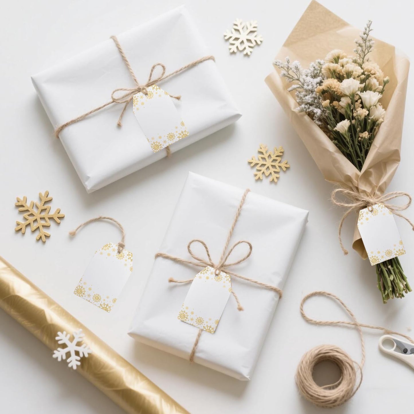 100Pcs Golden Snowflakes Gift Tags with String Attached Gift Tags for Presents Personalized White Paper Gift Labels for Birthday Party Wedding Christmas Favor Gift Wrap
