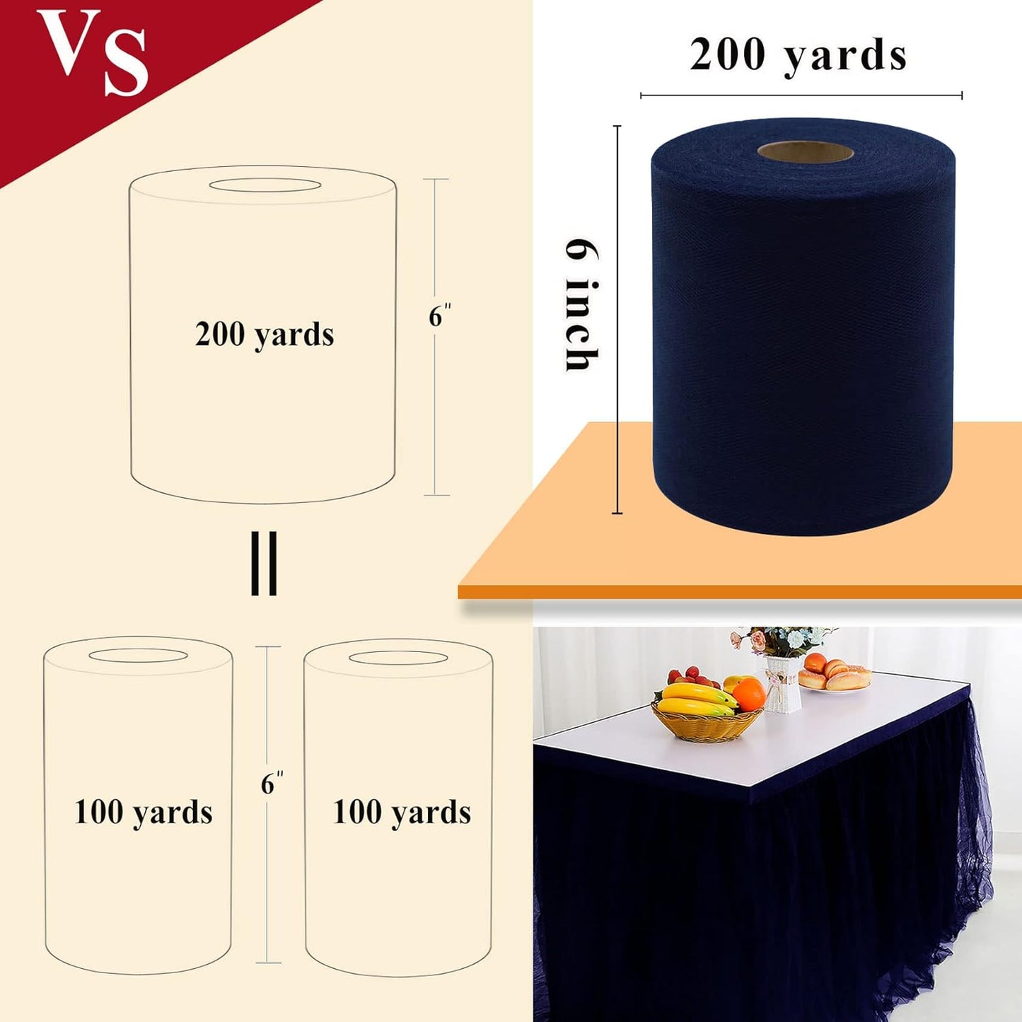 Navy Blue Tulle Fabric Rolls 6 Inch by 200 Yards (600 feet) Fabric Spool Tulle Ribbon for DIY Navy Blue Tutu Bow Baby Shower Birthday Party Wedding Decorations Craft Supplies