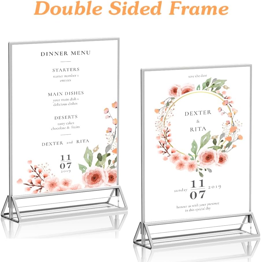 5X7 Acrylic Sign Holder 12 Pack, Double Sided Silver Picture Frames Clear Wedding Table Numbers for Party, Menu, Restaurant, Photo, Office, Hotels, Meetings