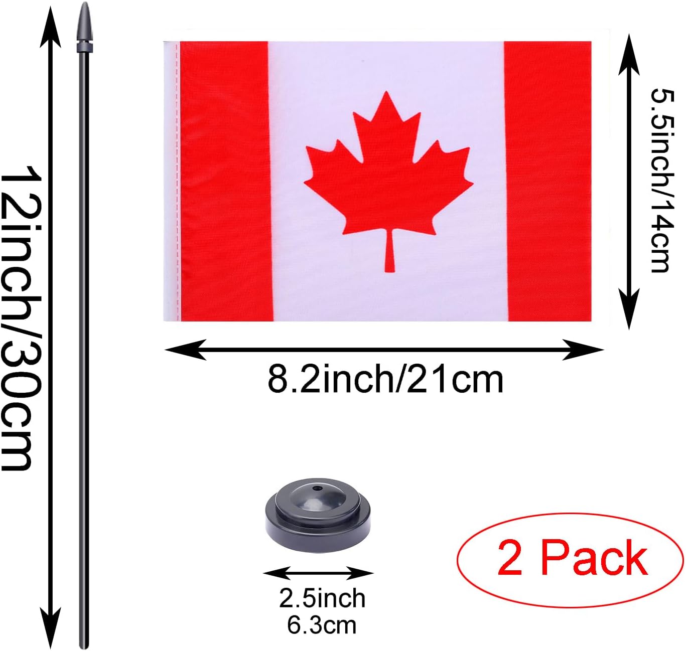 WXTWK 2 Pack Canada Flag Canada Deluxe Desk Flag Set - Mini Small Canadian Table Office Flags with Black 12" Solid Pole Stand Base Classroom Meeting Desktop Decorations