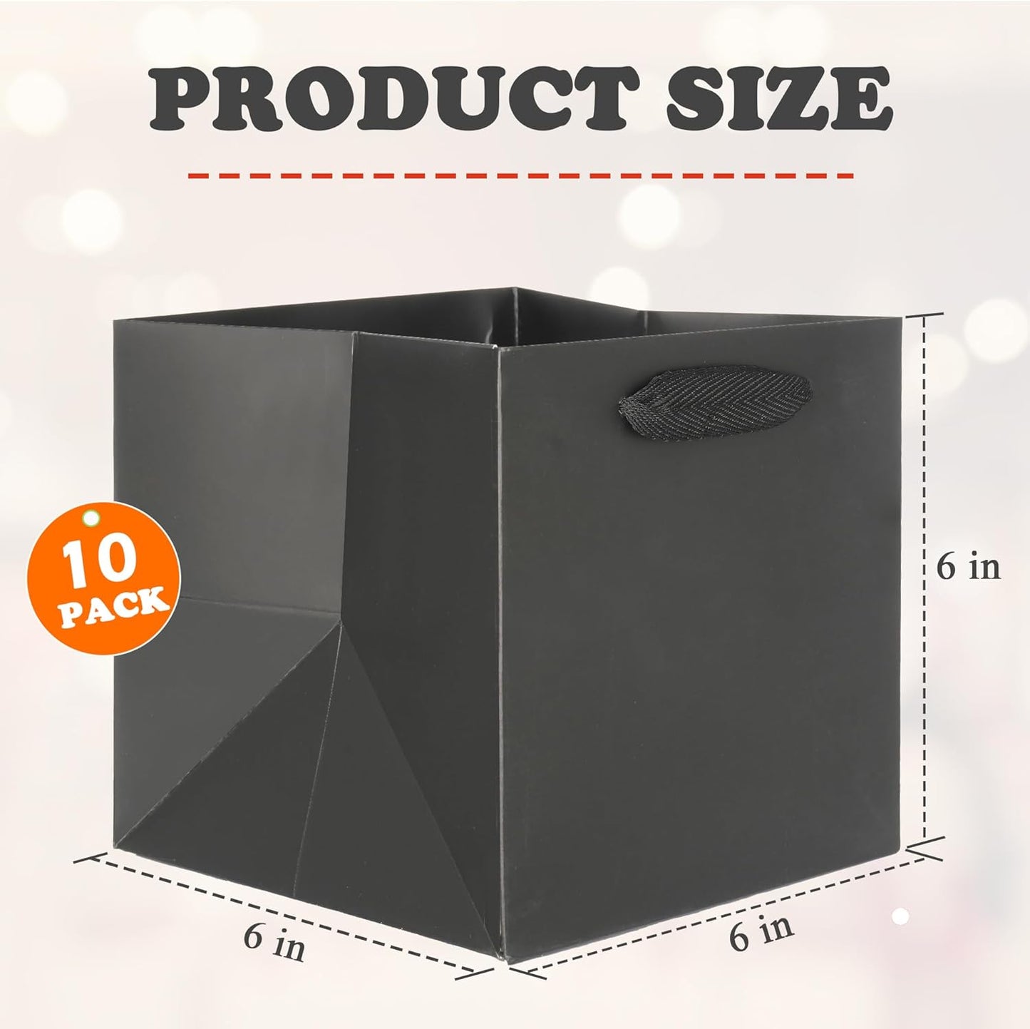 ADIDO EVA Black Square Gift Bags Small Size Square Bottom Paper Bags with Handles for Party Favor, Shopping Bag (6x6x6 In, 10 CT)