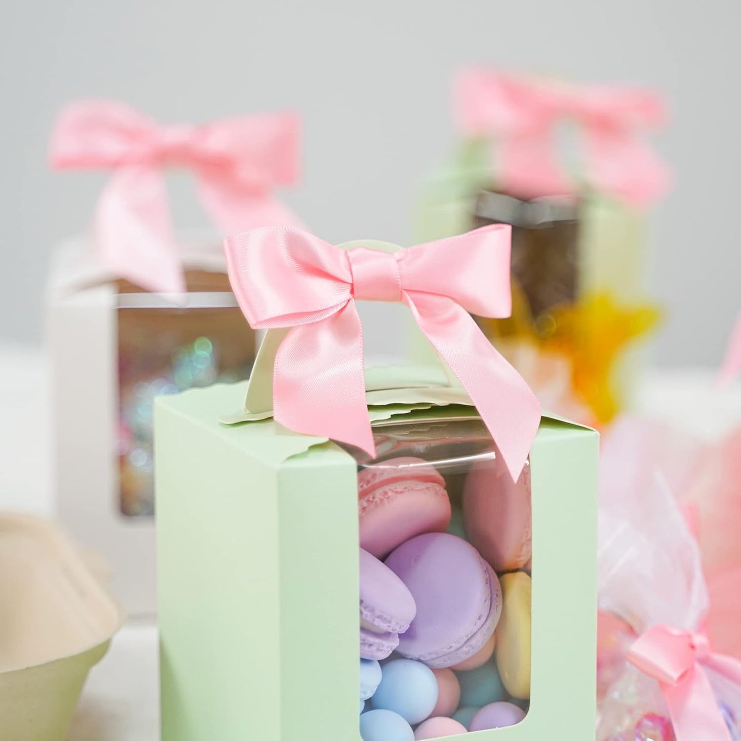 AIMUDI Baby Pink Satin Ribbon Twist Tie Bows 2.5" Light Pink Pretied Bows Premade Craft Bows for Treat Bags Cake Pop Gift Wrapping Basket Wedding Favors Cookie Candy Bagging Baby Shower - 50 Counts