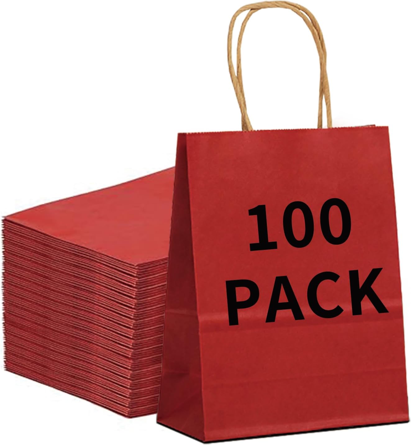 BAG BOX 100 Pack Medium 8.25x4.3x10.6 Inch Red Kraft Paper Gift Bags with Handles for Bulk Shopping, Retail, Craft, Party Favors, Wedding, Grocery & Sacks