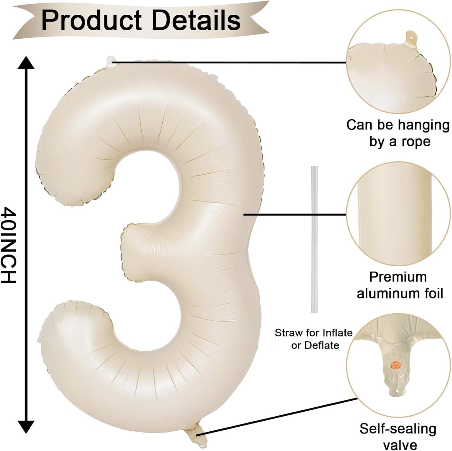 40 Inch Cream Number 30 Balloon, Beige Large Self Inflating Foil 3 & 0 Balloons for Women Men 30th Birthday Decorations 30 Helium Balloon Numbers for 30 Year Old Anniversary Baby Shower Party Supplies