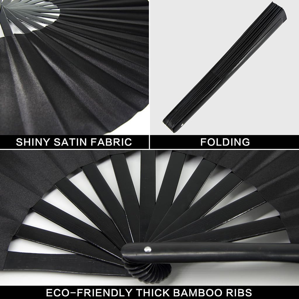 13" Large Rave Fan Bamboo, Folding Clack Hand Fans Foldable for Men Women, Boots on the Ground Poping Fan for EDM Festival Line Dance Decoration, (Black2, Large 13")