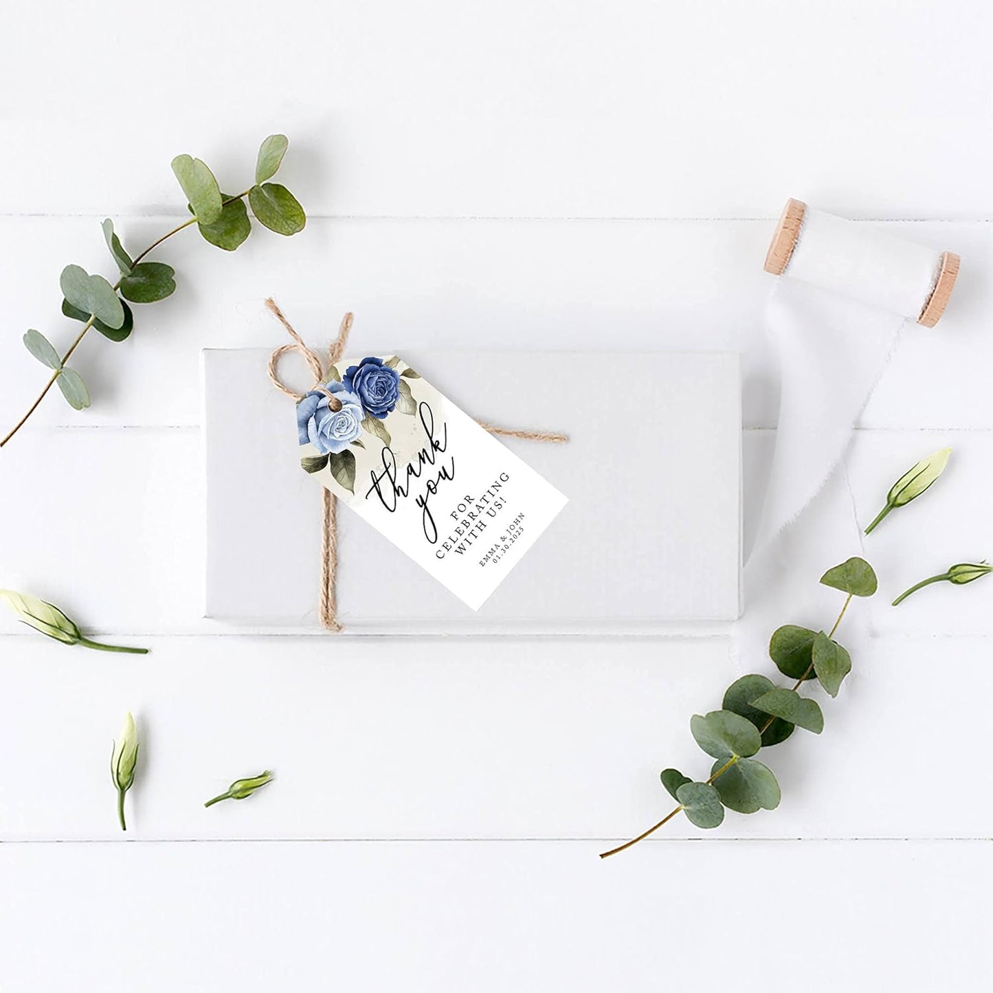 Andaz Press 100-Pack Personalized Thank You Tags with Bakers Twine ICY Blue Roses Custom Cardstock Wedding Gift Tags for Wedding Party Favors 2 x 3.75-Inches